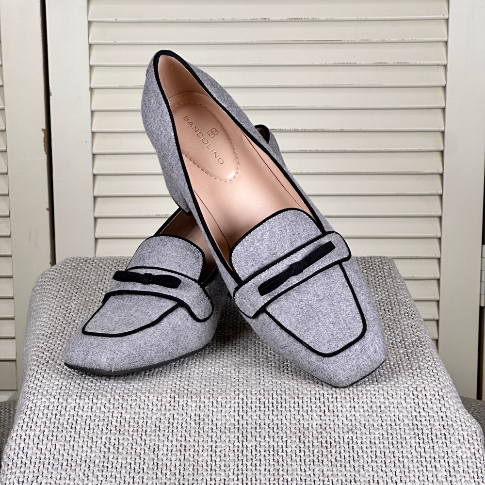 Bandolino Larkin Modern Gray Square Toe Loafer Heels Black Bow Trim Size 9 M - Picture 8 of 9